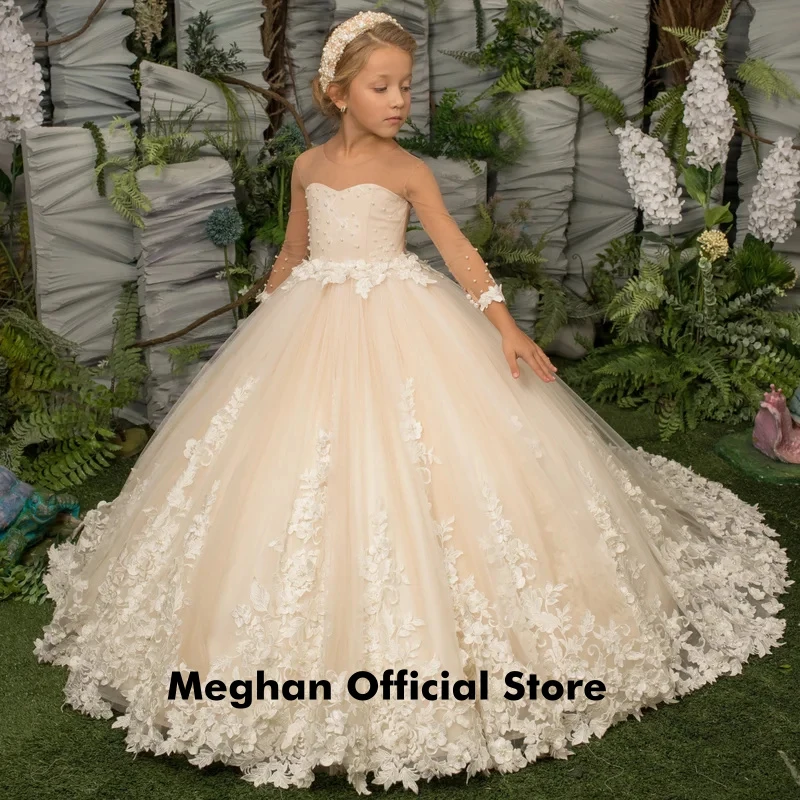 

Customized Flower Girl Dress Light Champagne Pearls Floral Appliques Long Sleeve For Wedding Birthday Prom Holy Communion Gown