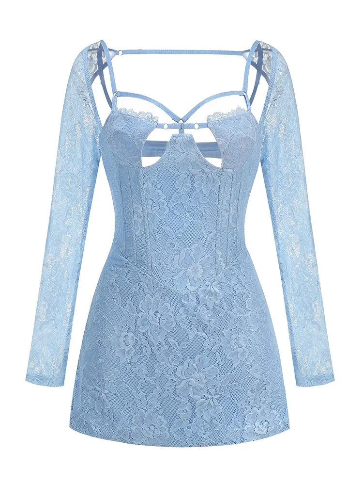 Sexy uitgesneden backless mini-jurk met lange mouwen, dames blauw kanten tie-up bodycon-jurken cocktailavond club partywear