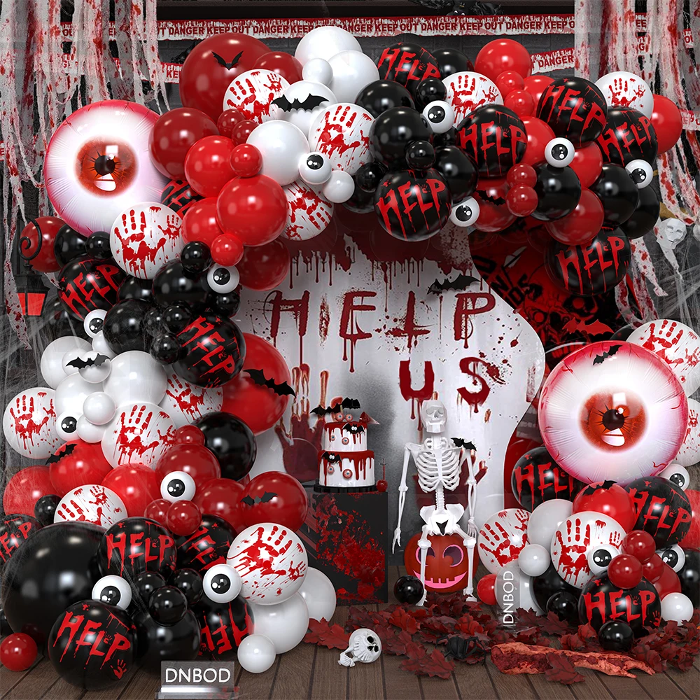 121 قطعة أسود أحمر بالون الدموي جارلاند عدة الدم العين احباط بالون اليد الدموية مساعدة بالون هالوين الرعب حفلة عيد ميلاد ديكو