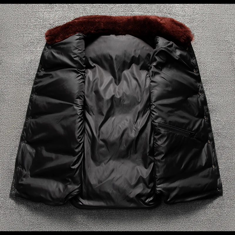 古い羊革のレザージャケット、ダウンジャケット、厚手240グラム、メンズ暖かいスタンドカラーレザーベスト、ノースリーブベスト、冬用