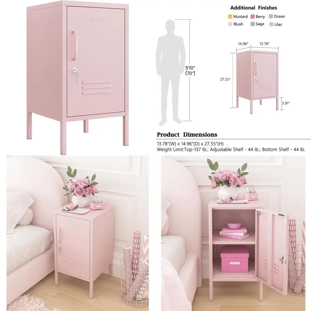 

Pink Lockable 2-Tier Metal End Table with Storage, Adjustable Shelf, Easy Assembly for Home Office, 28H x 13.8W x 15D