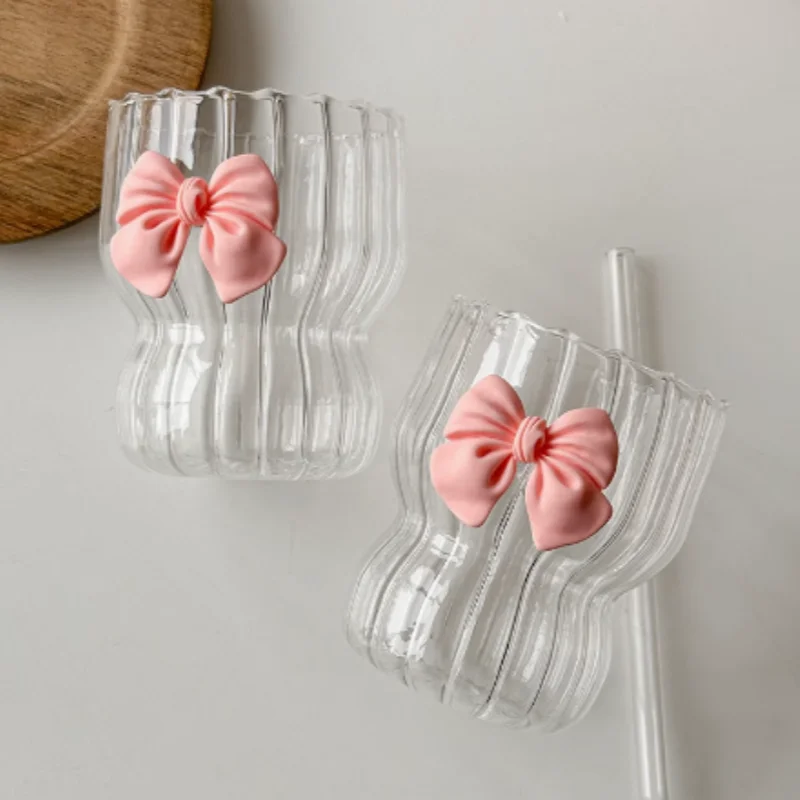300ML Pink Bow Heat-resistant Coffee Cup High Borosilicate Glass Cup Vertically Patterned Chubby Cup Tea Water Cup