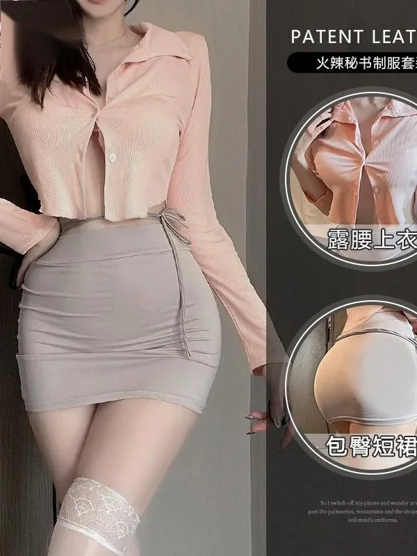 Sexy Secretary Long Sleeved Button Shirt Top Ultra Short Buttocks Wrapped Skirt Two Piece Outfits For Women Summer Fashion B51D