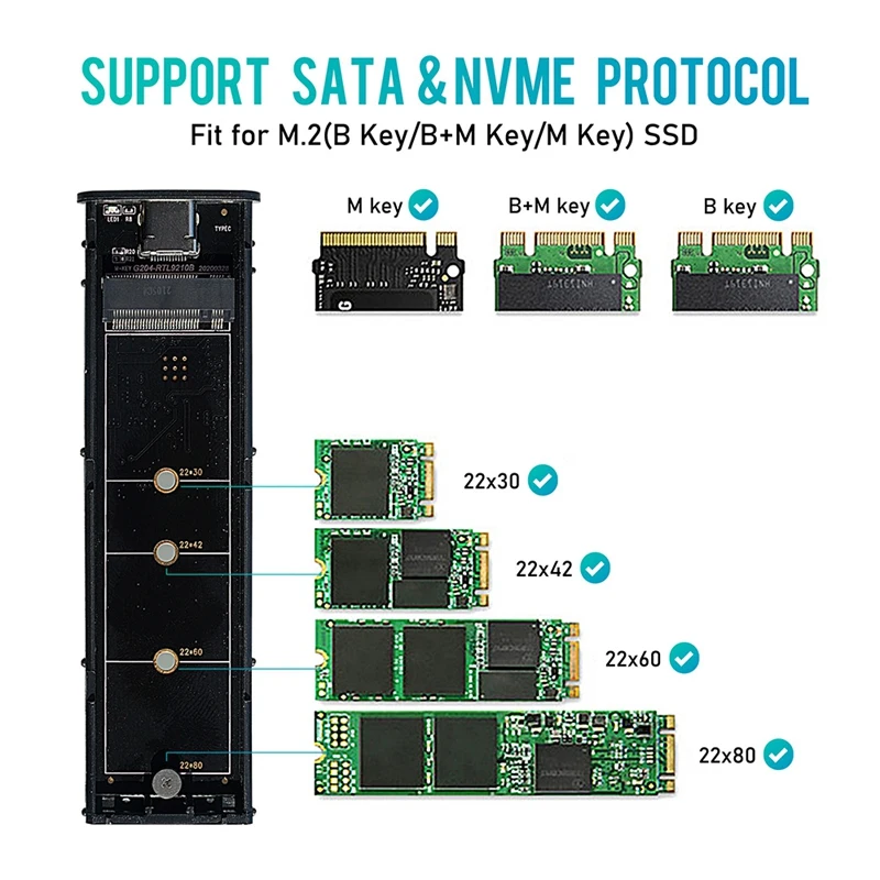 Funda de SSD M2, carcasa NVME, adaptador de SSD M.2 a USB para NVME, PCIE, NGFF, SATA, clave M + B, protocolo Dual 2230/2242/2260/2280