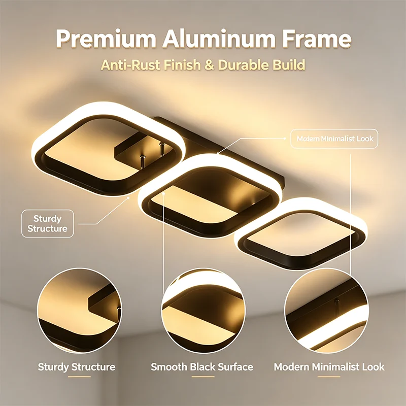 Minimalist 3 Squares LED Ceiling Light Black Frame Flush Mount Lamp Warm & Cold Light for Entryway Bedroom