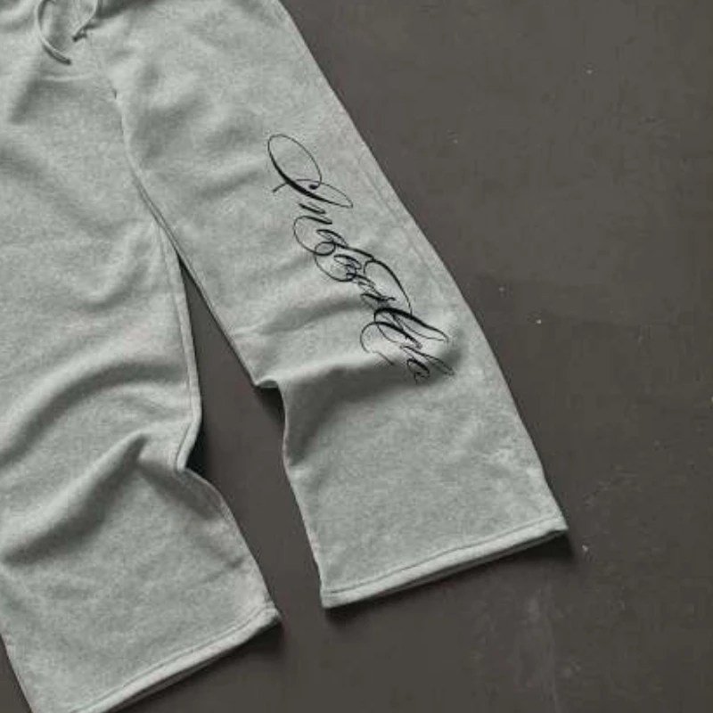 Joggers unissex cinza de grandes dimensões, calças de moletom com letra bordada, calças com cordão casual Y2K com cintura estampada, quadril H