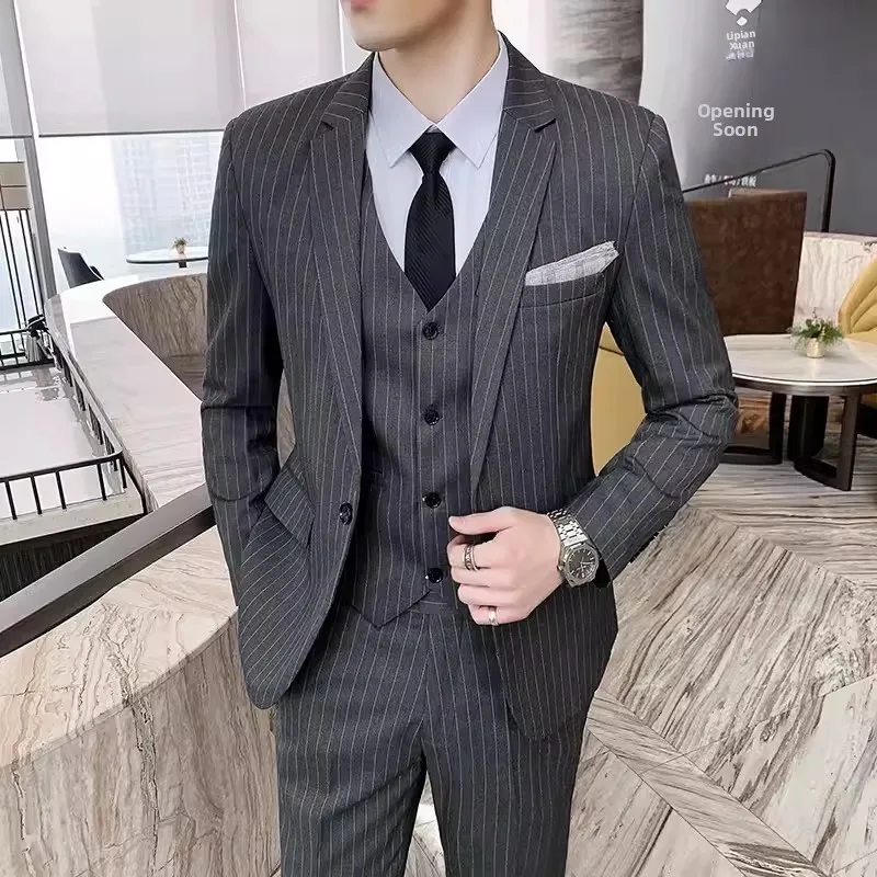 

Slim Fit Men's Wedding Suit Two-Piece Set Korean Style Business Formal Striped Westwear Groomsmen Tuxedo Casual Chic