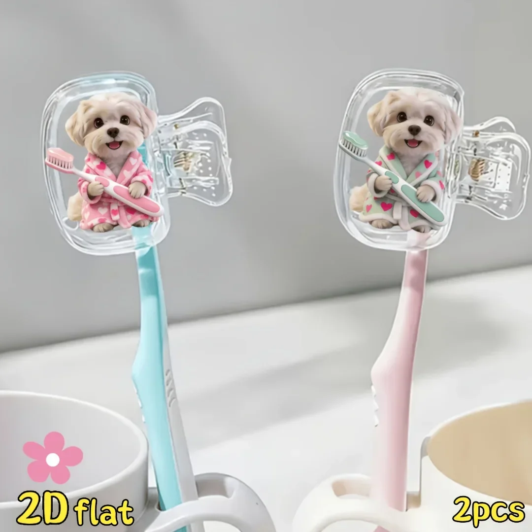 2pcs Maltese Dogs Holding Toothbrushes Toothbrush Clips for Bathroom Camping Business Supplies Holiday-Themed Storage Box