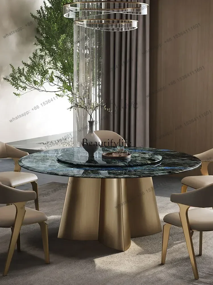 FG43Natural marble round dining table luxury high-end hotel with turntable light luxury dining table