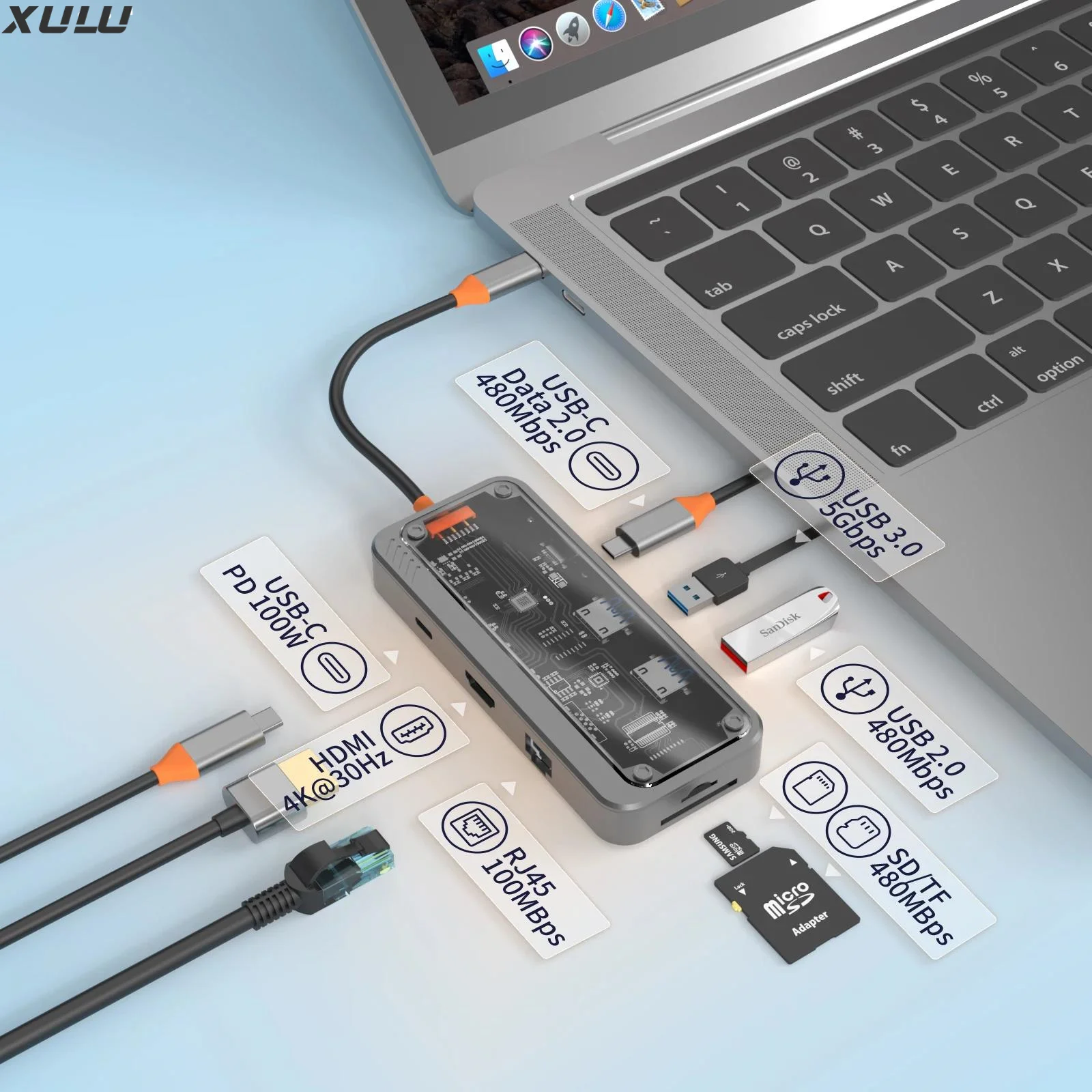 

8 в 1 Usb C Hub для HDM I ub usb-хаб 3,0 разделитель 7 портов Usb Data Hub RJ45 HDM-I 4K 60 Гц 100 Вт PD 8 портов док-станция