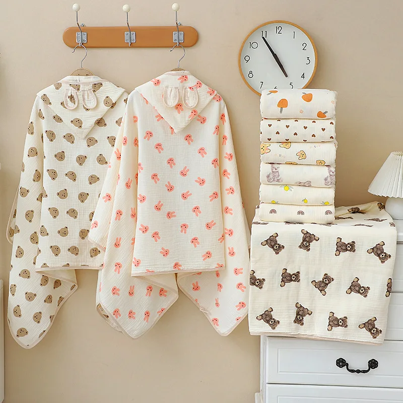 Baby Bath Towel 4 Layers Gauze Cotton Cloak Towel with Hat Infant Four Seasons Hooded Cartoon Bathrobe Toddler Soft Bath Towel