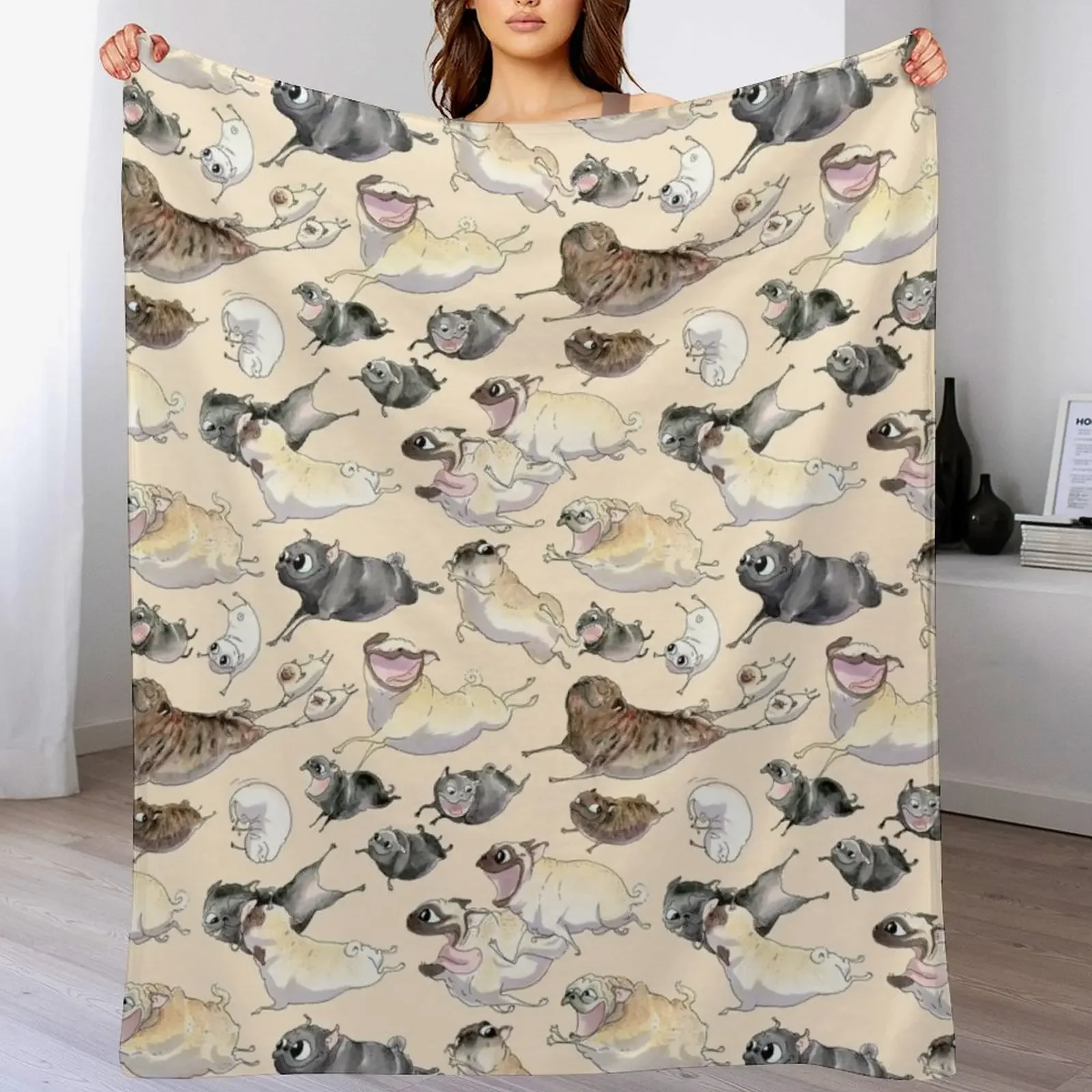 

Pugs on the Run (straw background) Throw Blanket Bed linens Custom Beach Hairy Blankets