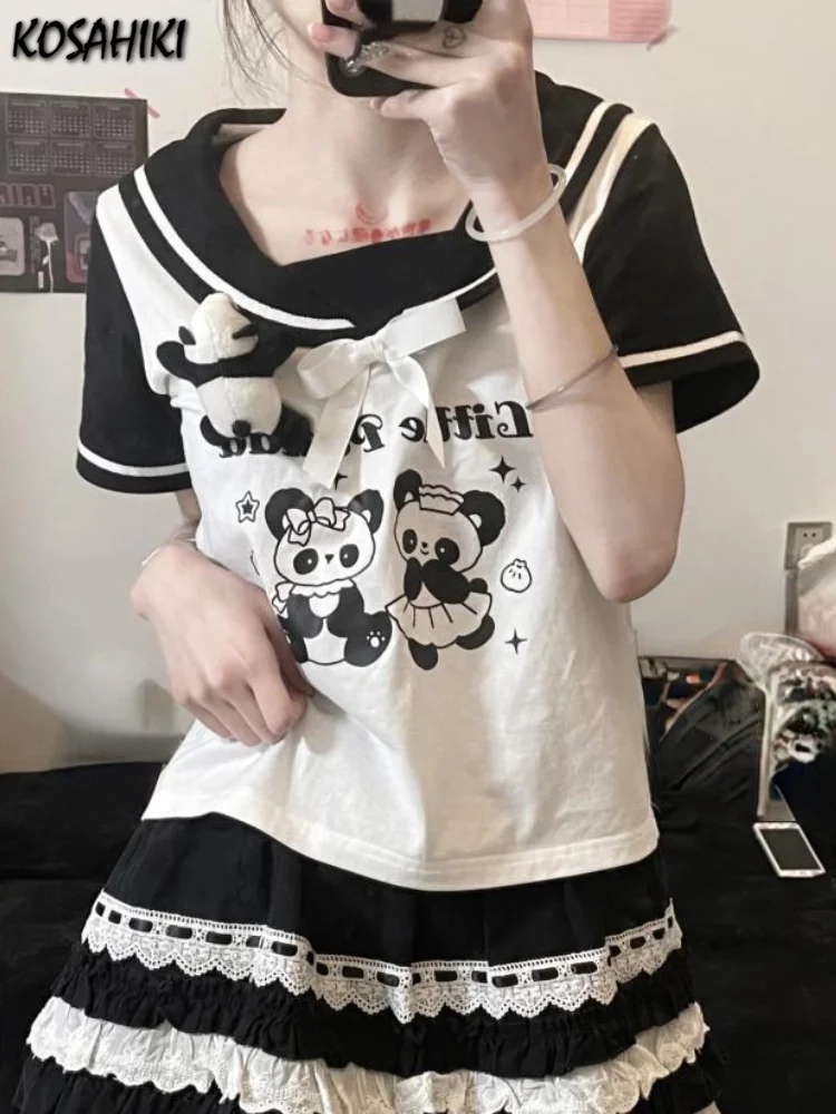 Y2k Aesthetic Preppy Short Sleeve T-shirts Contrast Color Salior Collar Sweet Kawaii Tops 2025 Women Fashion All Match Bow Tees