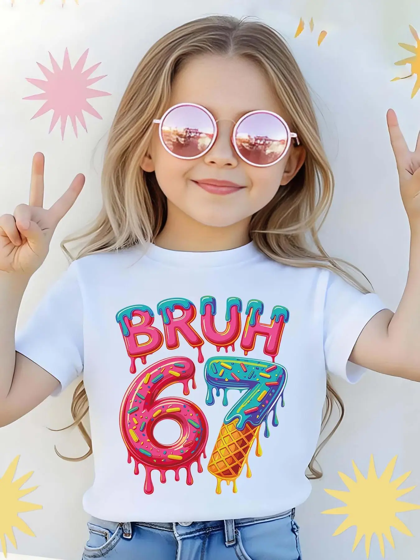 Colorful Ice Cream 67 Six Seven Pattern Print 1-Piece Casual Sports Short-Sleeve Shirt for Girls with Colorful Patterns and Solid Color Short-Sleeve Dopamine Clothing, Comfortable for Home and Versatile for Going Out
