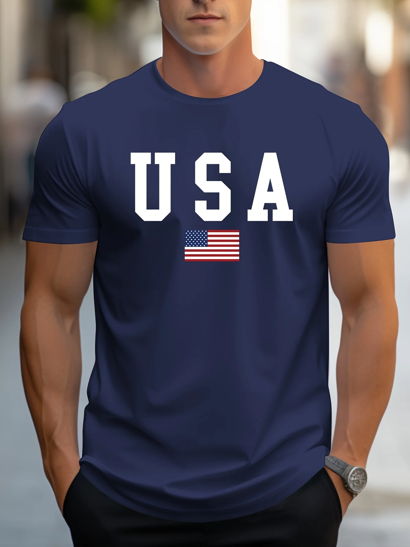 

Men's summer loose fit large Usa print casual slim fit round neck short sleeved T-shirt top