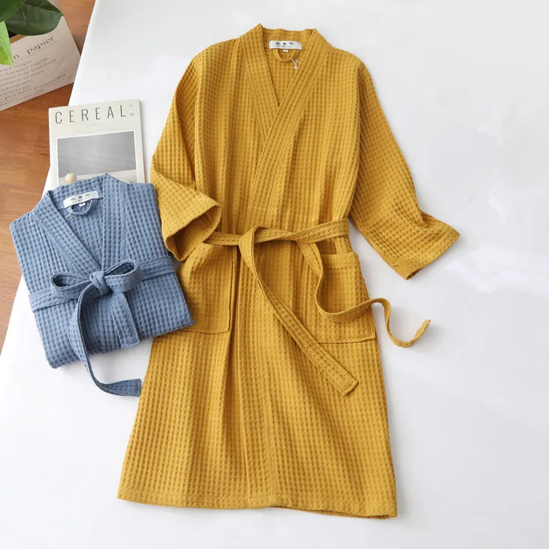 Summer thin 100% cotton waffle robes women long kimono Hotel Simple bathrobes pure color SPA robes Plus size 00223