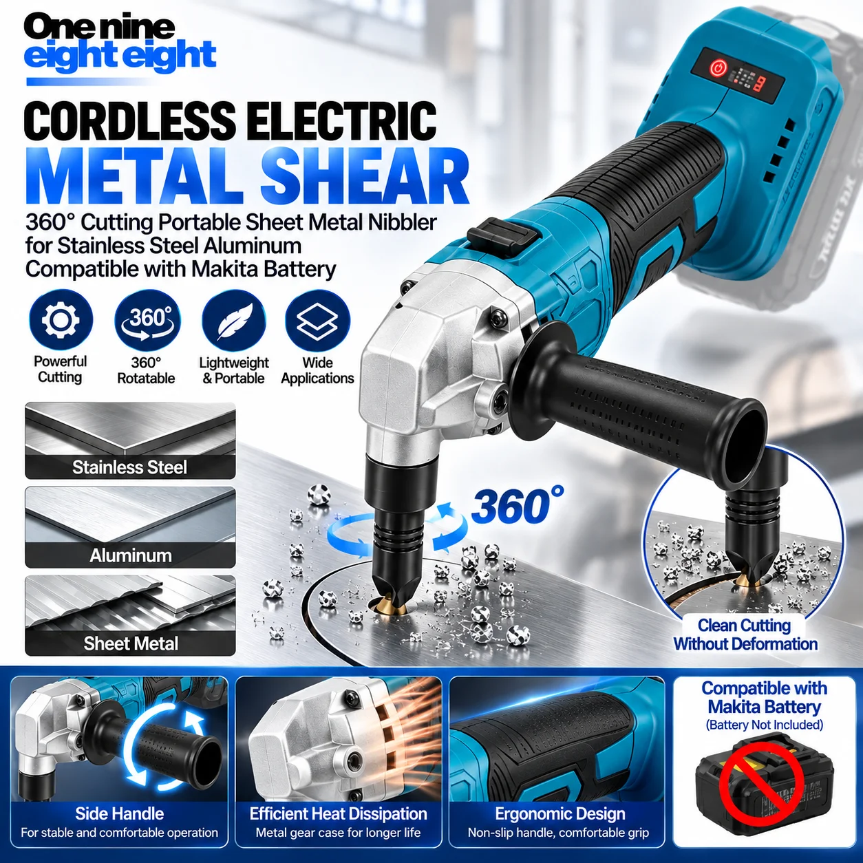 One Nine Eight Eight Cordless Electric Metal Shear 360° Cutting Portable Sheet Metal Nibbler for Stainless Steel Aluminum Compat