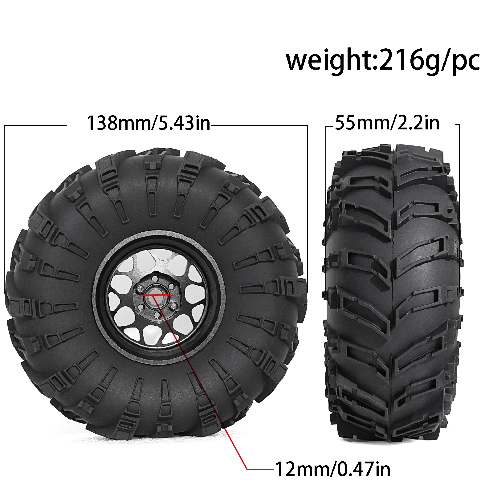 Metalowy zestaw opon 2,2" z pięciokątnym zaczepem 4 szt. 138 mm - najlepsza aktualizacja dla samochodów gąsienicowych 1/10 RC, takich jak Axial SCX10, Wraith, Traxxas