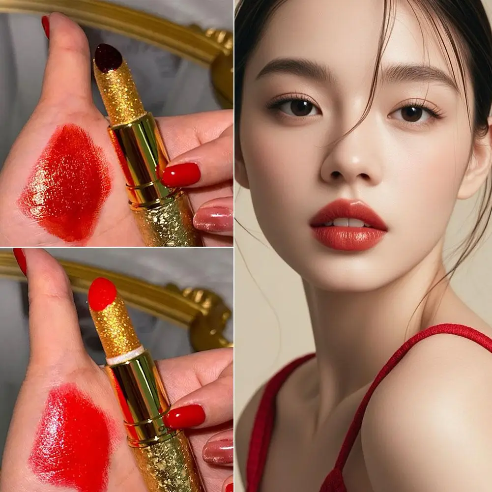 Lápiz labial rojo positivo con purpurina dorada para mujer, hidratante, antiadherente, no duradero, taza para perder Color, lápiz labial hidratante para mujer T8Q5