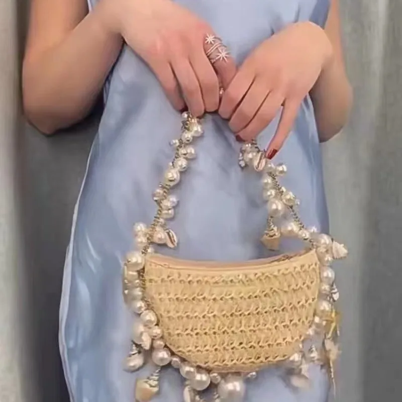 Fairy Pearl Conch Grass Woven Bag Handheld Crossbody Bag Small Mobile Phone Bag 