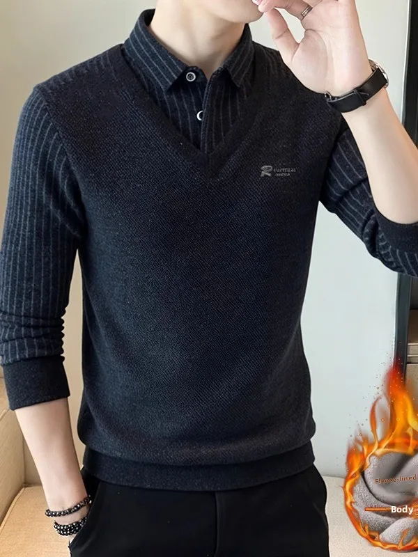 

Men's Knitted Faux Two-Piece Sweater Thiened Fce Collar Base irt Inteated Velvet Autumn Winter Casual Wear