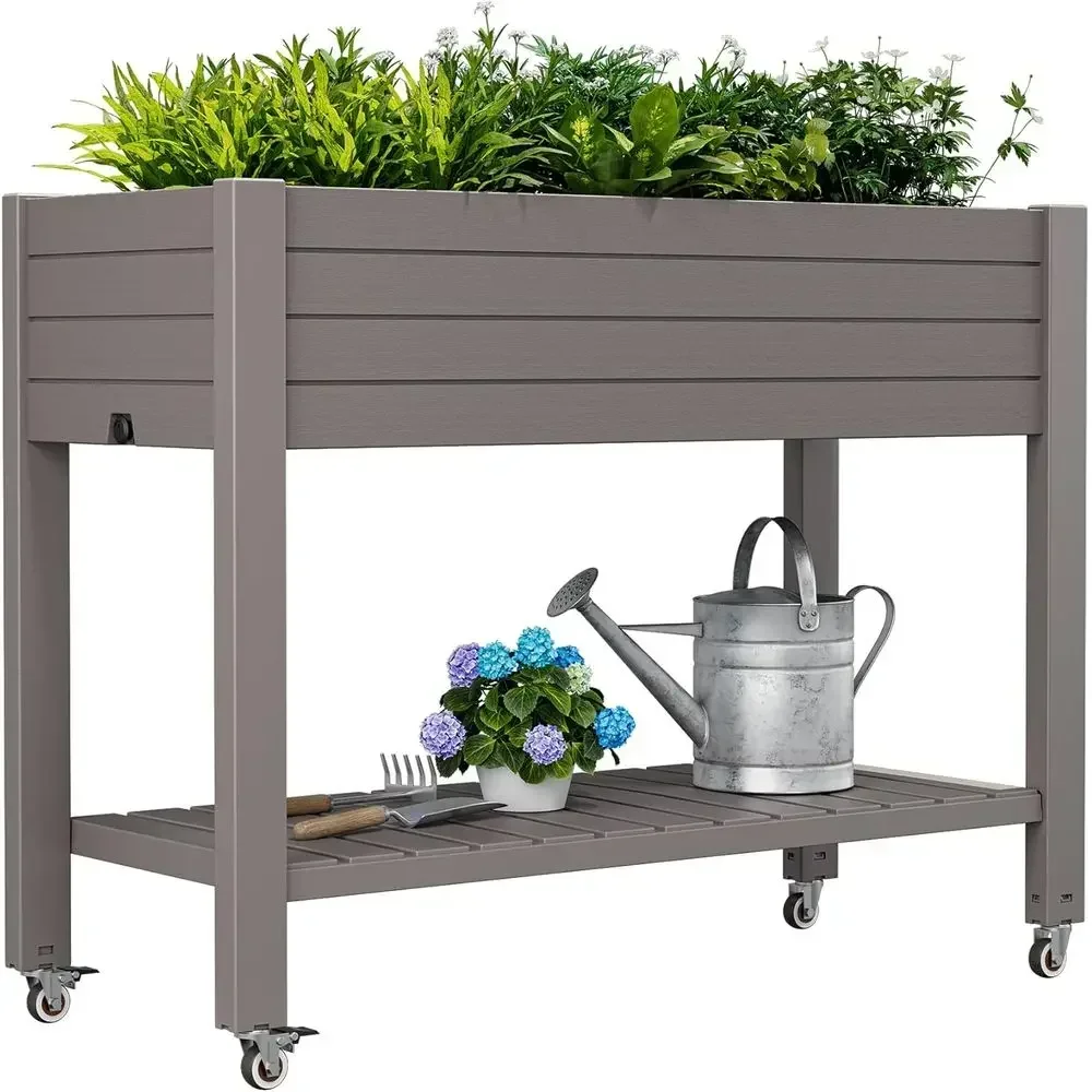 Portable Resin Herb Planter with Drainage and Storage, Gray, 33.7 Tall