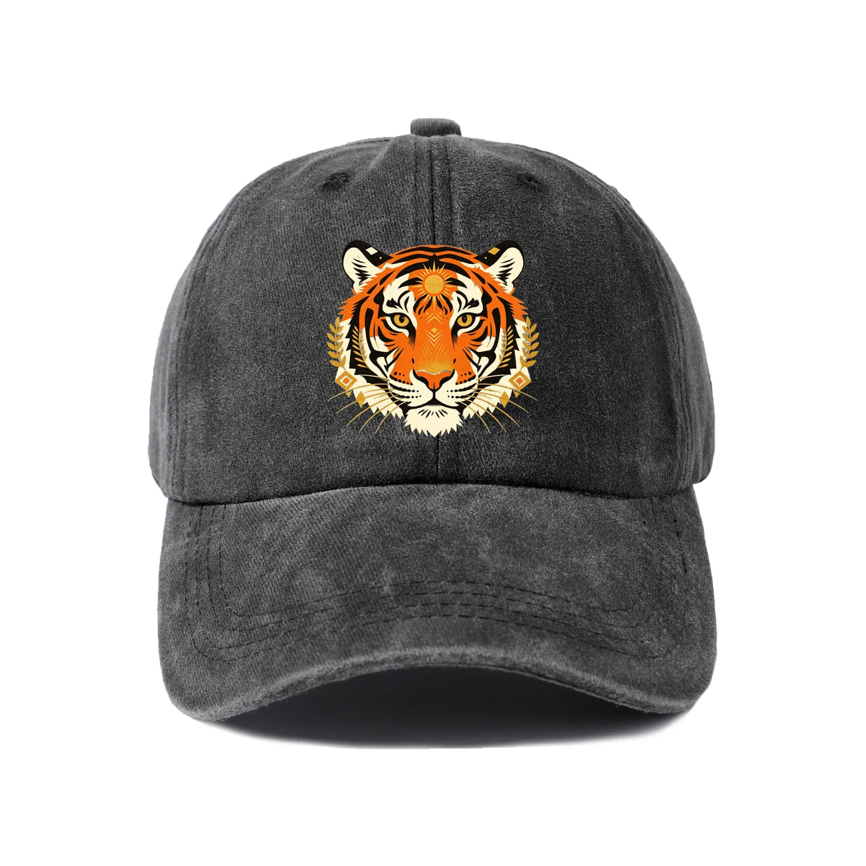 Orange Tiger Face Graphic Baseball Cap, Vintage Washed Adjustable Unisex Dad Hat, Casual Gift