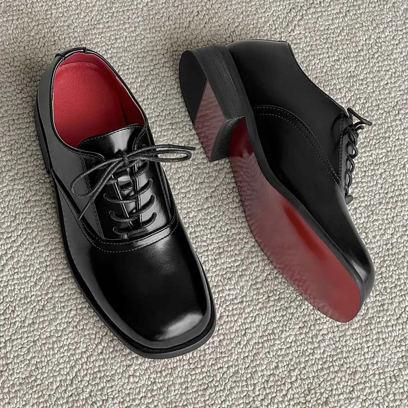 Vintage Derby Shoes for Men Square Toe Lace Up Formal Oxfords Red Sole Business Work Daily Comfortable Leather Casual Dress Shoe