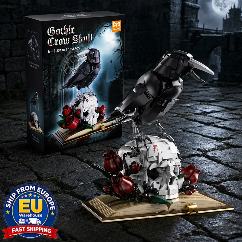 Gotischer Krähenschädel MOC Bausteine DIY 3D-Modell Rosenbuch Bausteine Heimdekoration Ausstellungsstück Kunst Sammlerstück Halloween-Geschenke für Kinder und Erwachsene 1358 Teile Kreative Bausteine