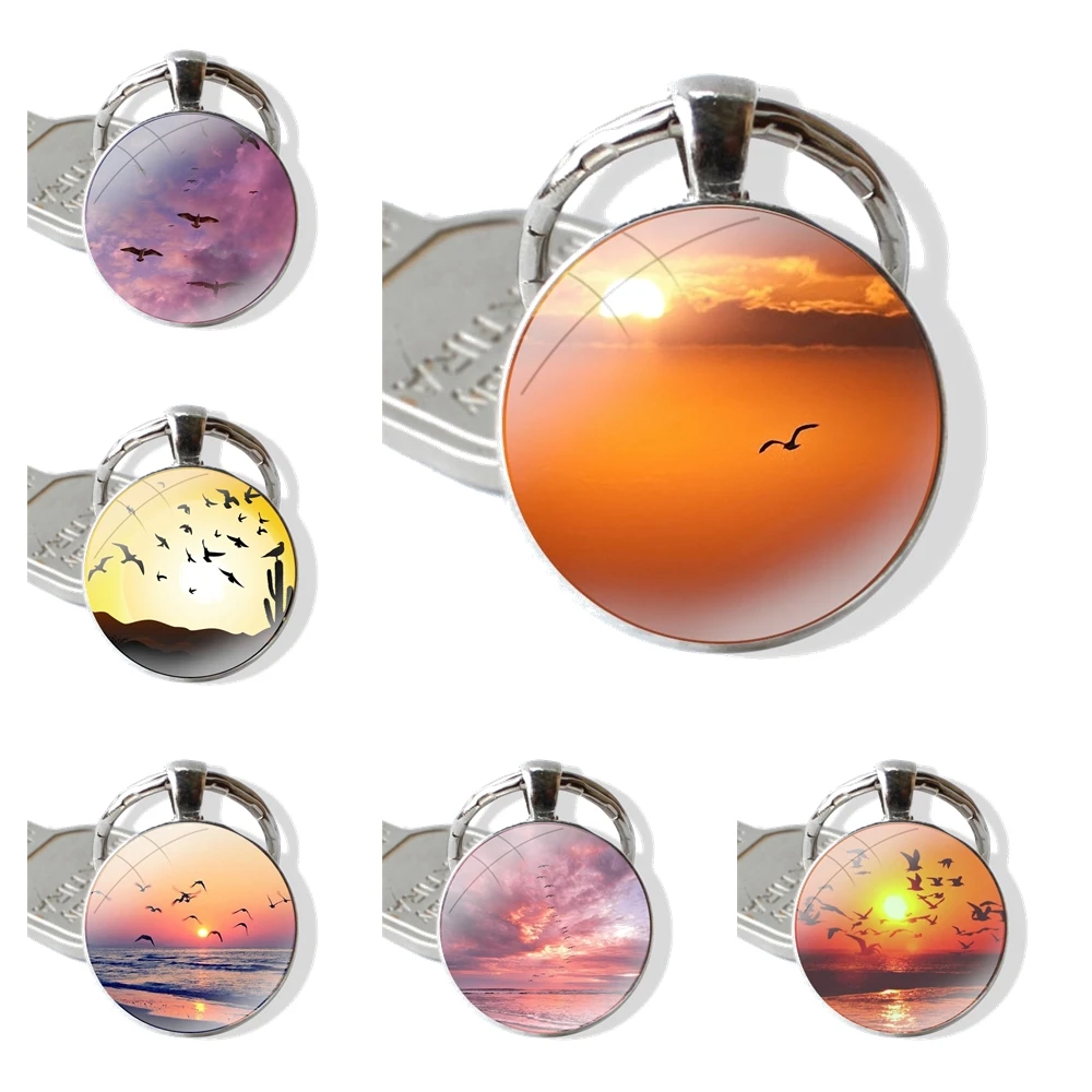 Keychain Glass Cabochon Metal Pendant Classic Men's Women's Keyring seagull in the sunset