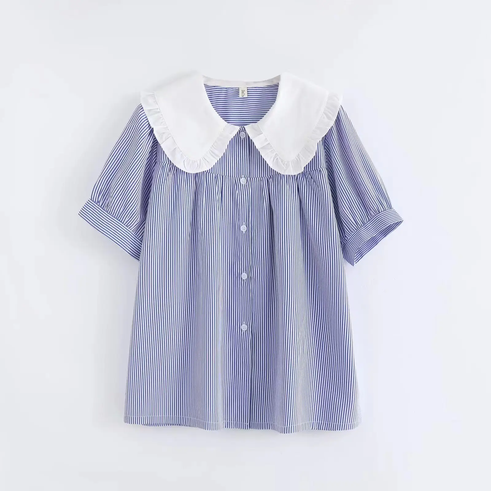 

Summer High Quality Cotton Blouse Shirt JK Sweet Women Short Sleeve Peter Pan Collar Plaid Tops Girl Preppy Style Blouse Shirts