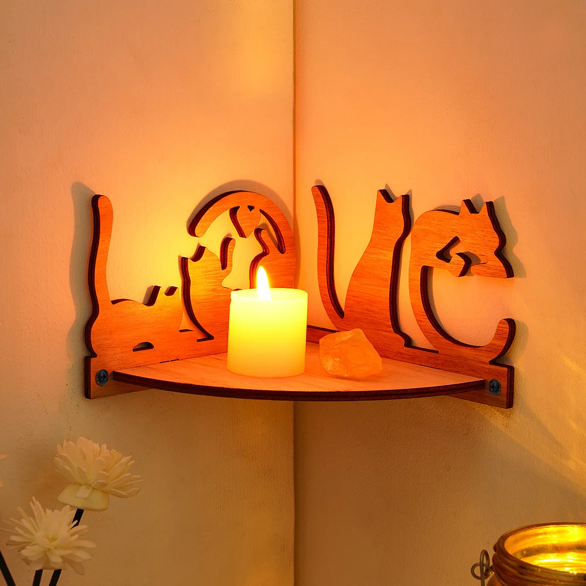 1PC, Creative Cat Love-Shaped Corner Decoration Shelf, Hand-Assembled Wooden Corner Rack