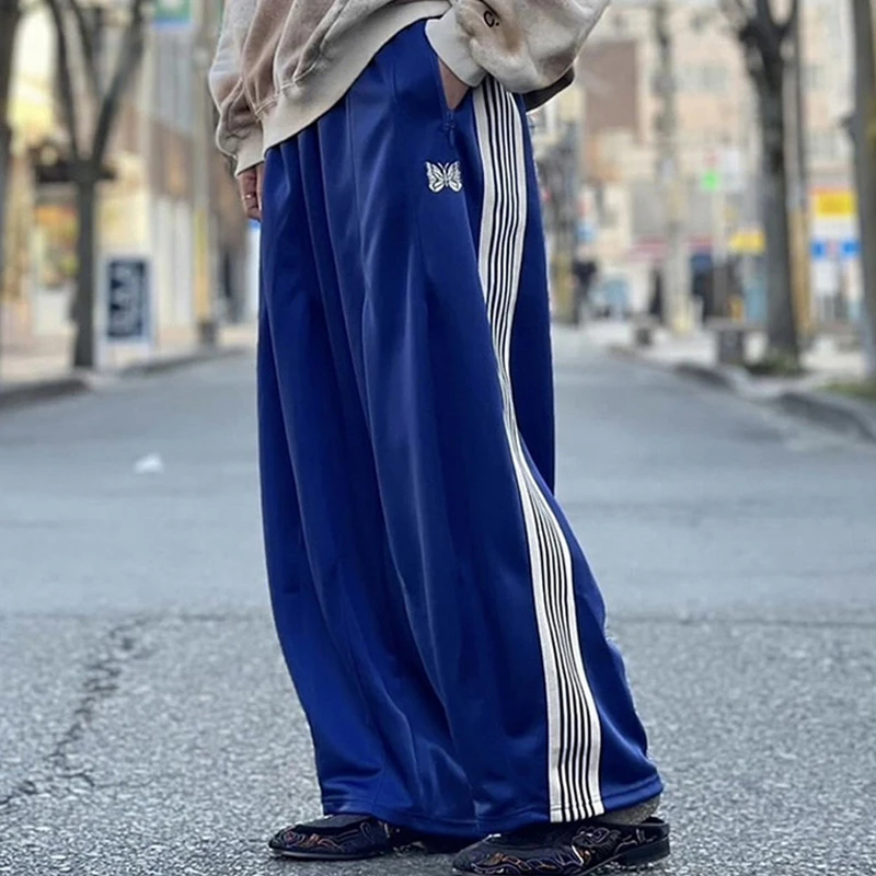 

Casual Nee dles Wide Leg Striped Sweatpants Men Women 1:1 Tag Butterfly Embroidery Pants Jogger Drawstring Blue Trousers