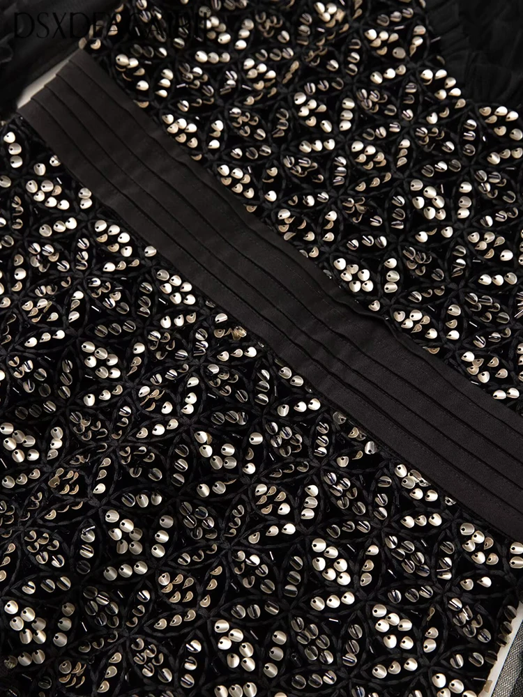 DSXDFACAIRIJ فستان ماكسي نسائي برقبة دائرية ترتر مطرز بأكمام واسعة وكشكشة فستان شبكي عتيق لأزياء الخريف