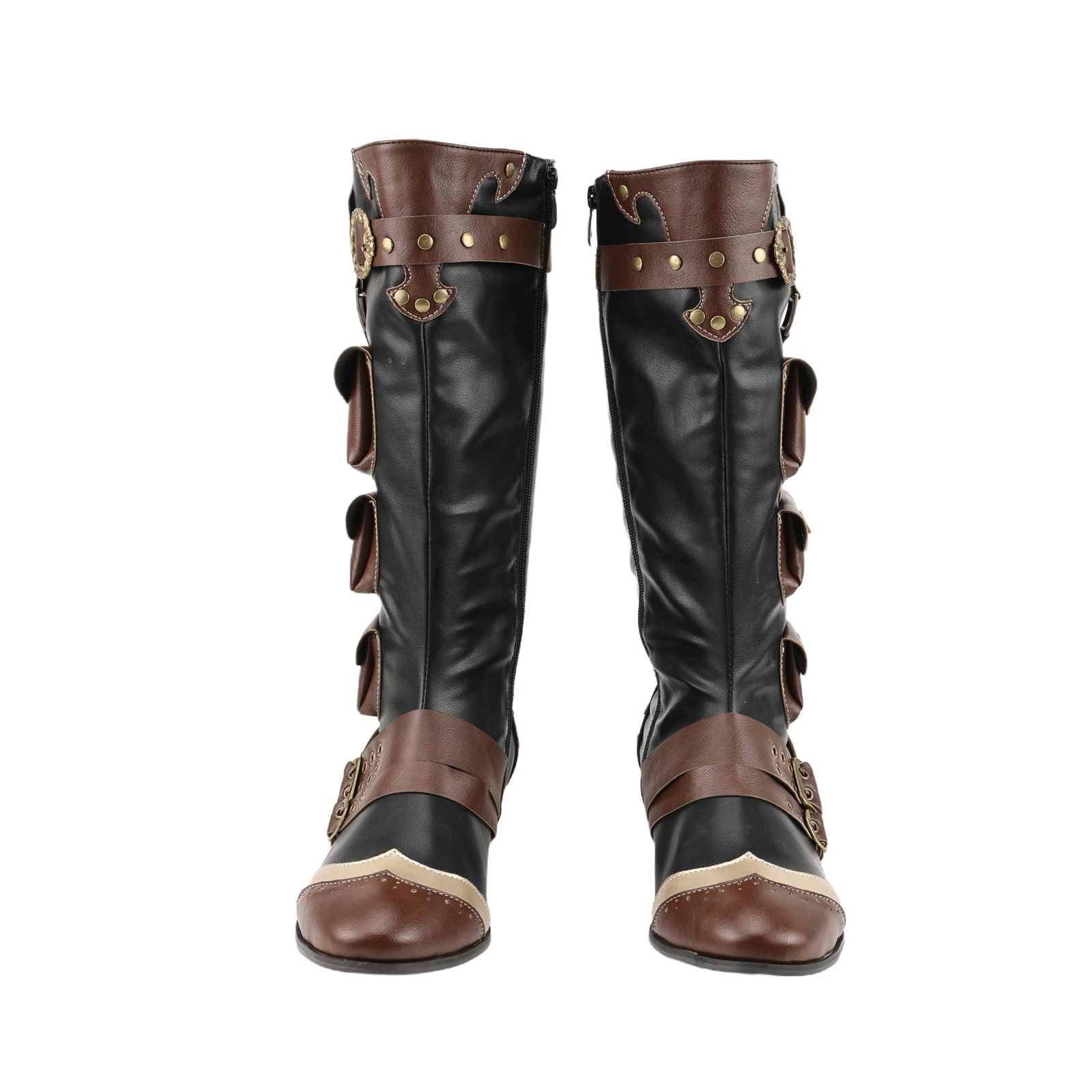 Medieval Faux Leather Boots, Ruched Renaissance Loafer Long Boots, Pirate Viking Men's Knee High Riding Cosplay Boots