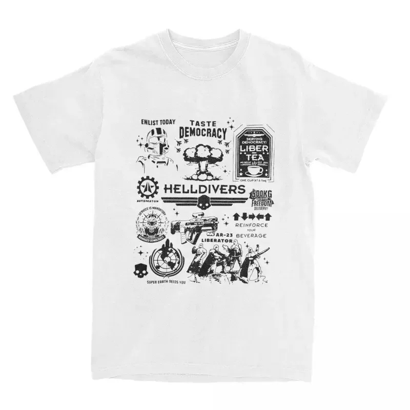 Y2K Men'S Helldivers Doodle Art Liber-Tea T Taste Democracy Cotton Tops Vintage Short Sleeve Crew Neck Tees Unique T-Shirts