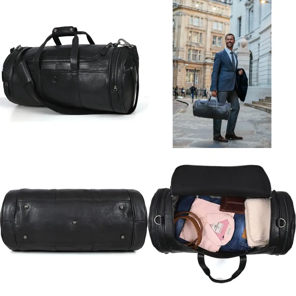 حقيبة كبيرة للسفر من الجلد المحبب بالكامل مقاس 22 بوصة مع أشرطة قابلة للتعديل ومقصورات متعددة وجيوب جانبية بسحاب لـ W