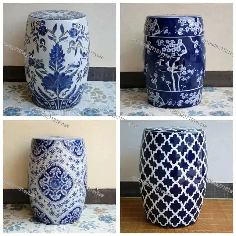 Ceramic Drum Shoe Changing Stool, Neoclassical Round Low Stool for Bathroom, Office Footrest & Designer Furniture
