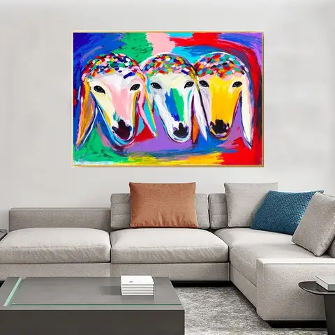 Handgemaakte drie schapenkop olieverfschilderij op canvas voor woonkamer decor M.Kadishman moderne schapen kleurrijke dieren beroemde schilderijen