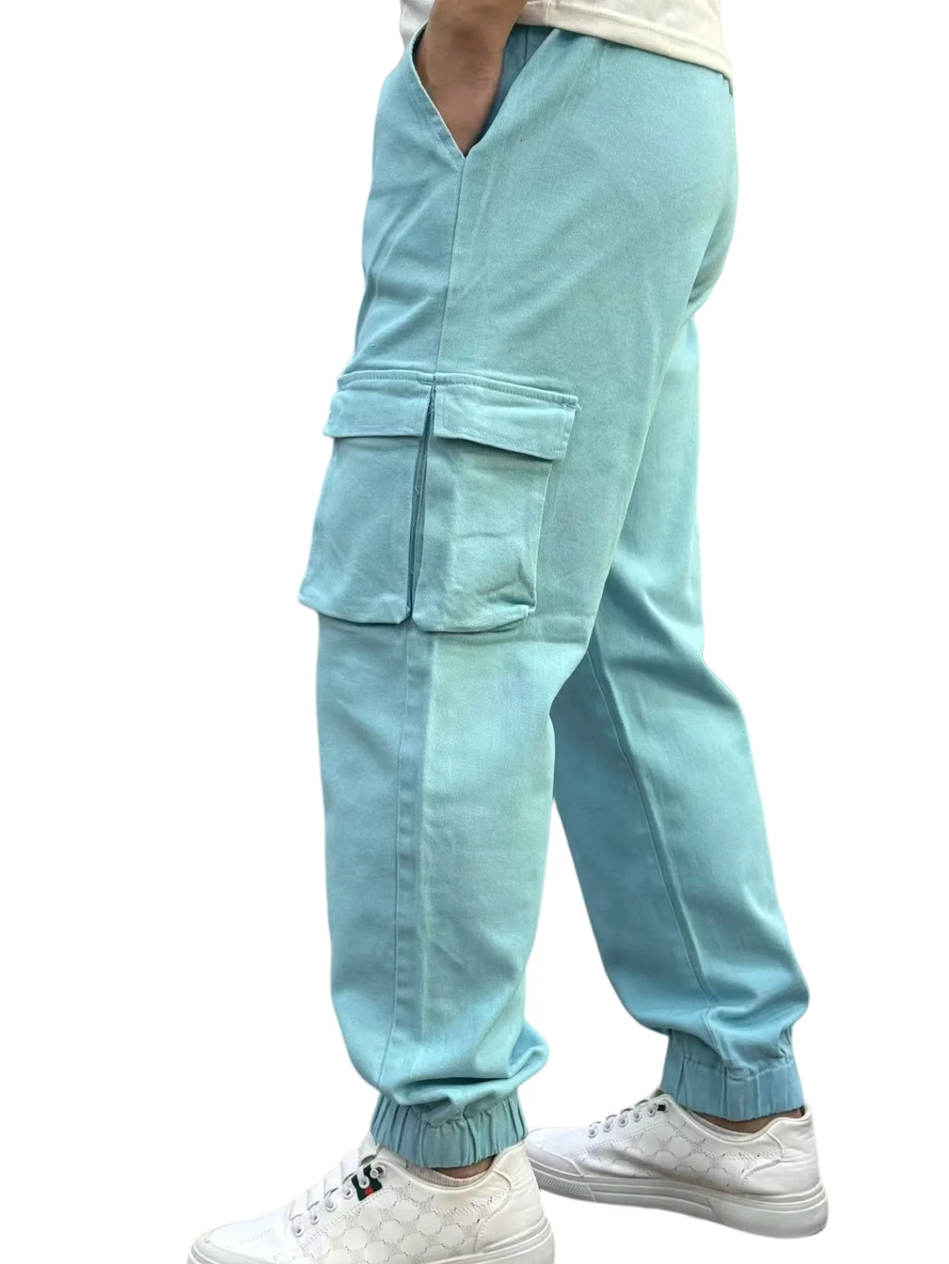 KING JEANS メンズ スカイブルー パンツ ウエストゴム入り おしゃれ トレンド ヒップホップスタイル 多機能ポケット カフス付きパンツ