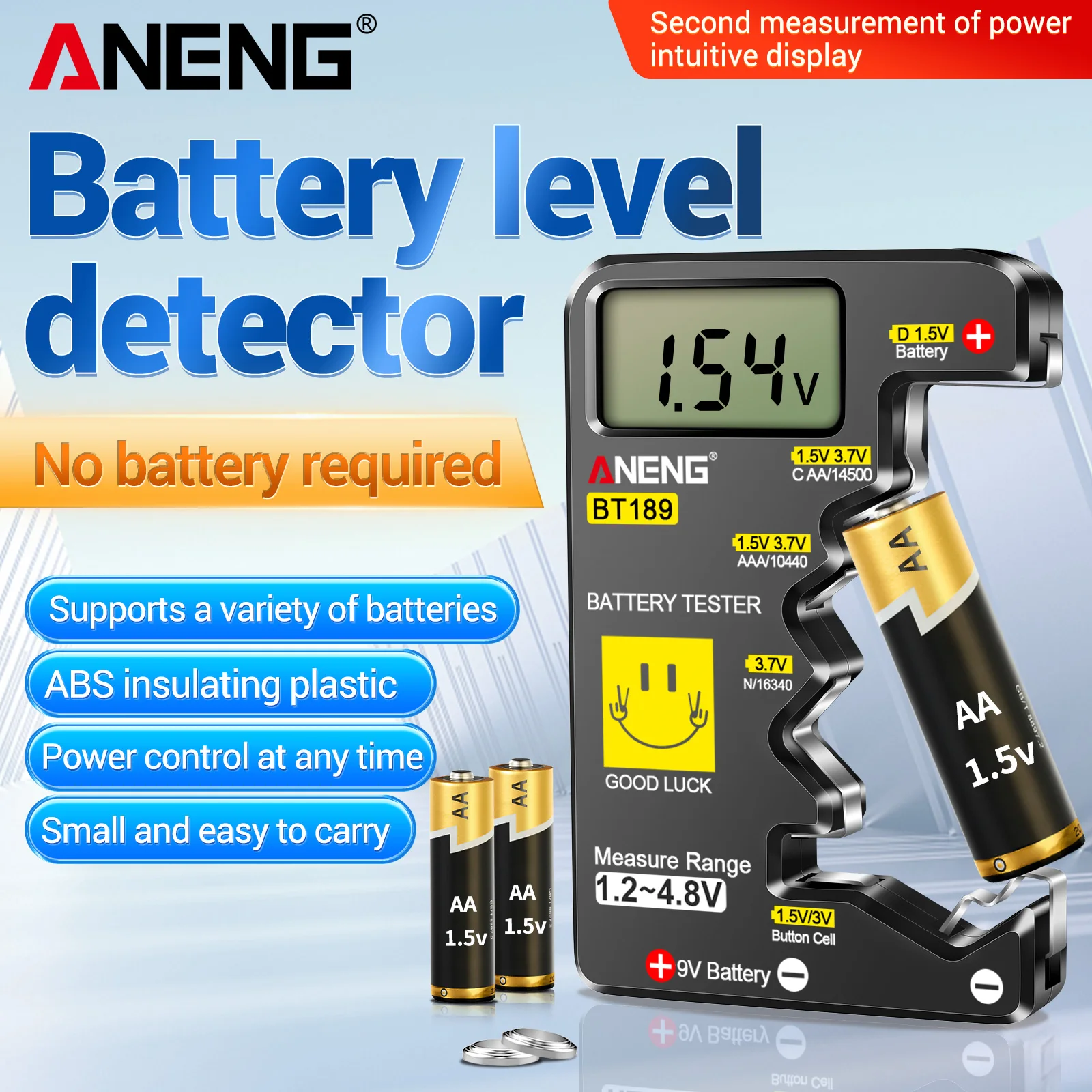 ANENG BT189Digital Battery Universal LCD Battery Checker for 9VAA AAA CD N Coin Cell 1.5V 3V Lithium Ni-MH Battery Voltage Test