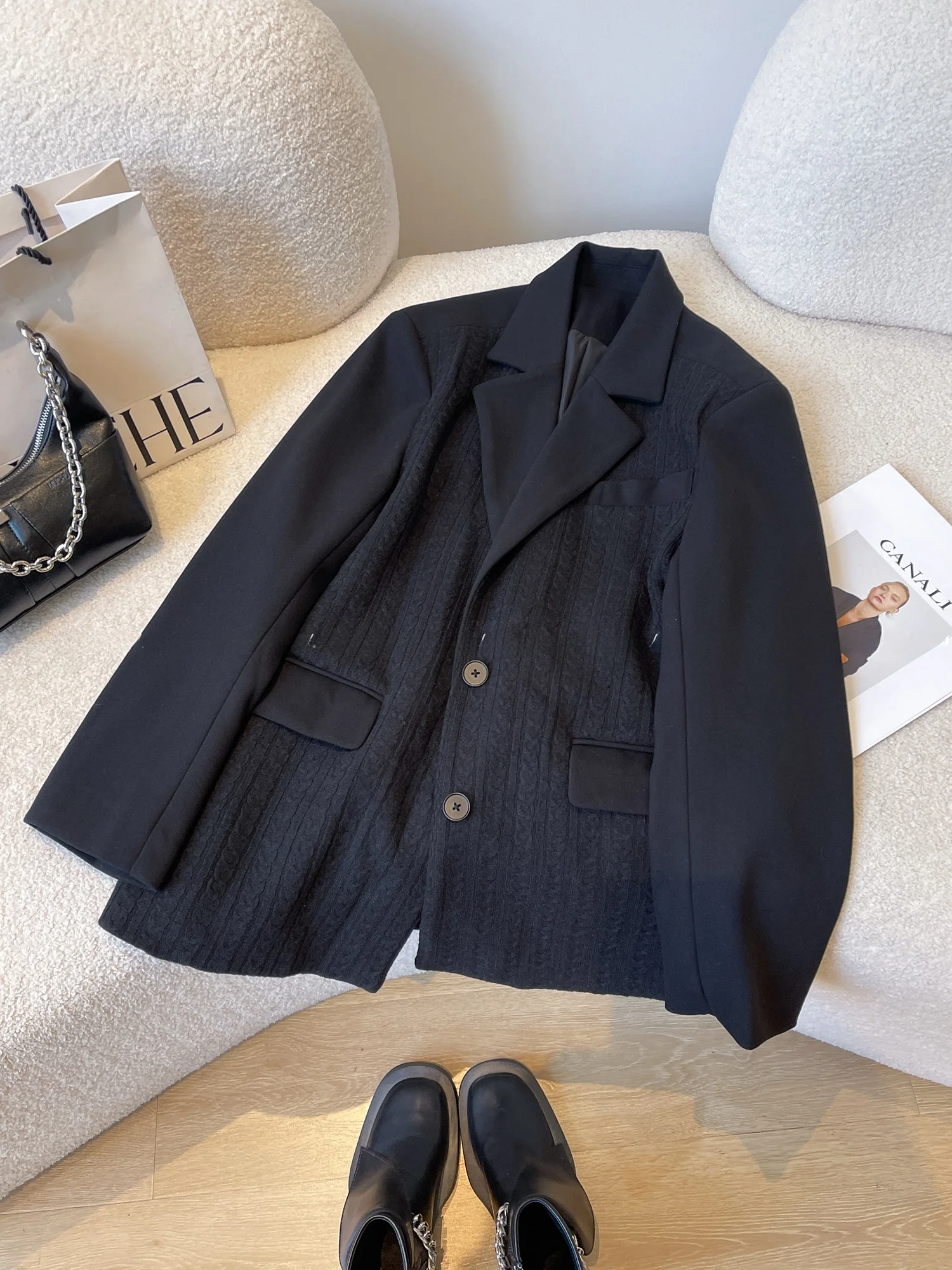 

Elegant Black Women's Suit Jacket Korean Style Fashion Design High Quality Casual Long Sleeve Fiber Fabric Spring 2026