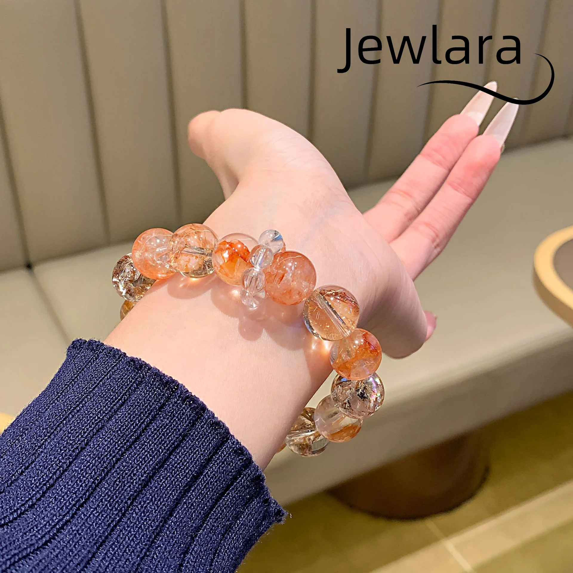 Jewlara Natural Multi-Gemstone Crystal Bracelet Designer Style Chic Gold Foil Cracked Ice Premium Crystal Strand