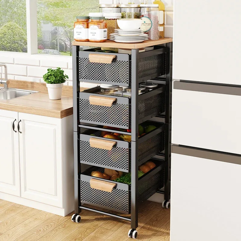 Fruits Vegetables Storage Cart Multifunctional Storage Cabinet Floor Narrow Seam Storage Baskets Pull-out Type Kitchen Furniture