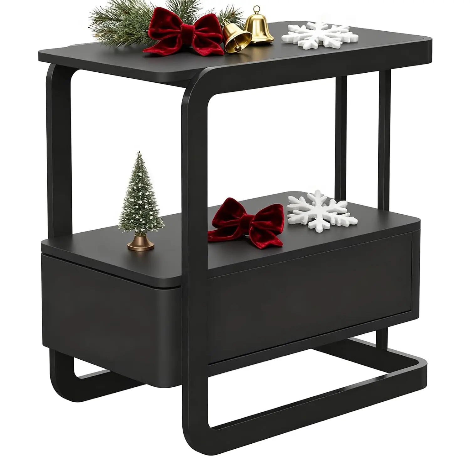 

Narrow Side Table, End Table with Drawer& Storage Shelves, Modern Sofa Couch Table Curved Bedside Table for Living Room Bedroom,