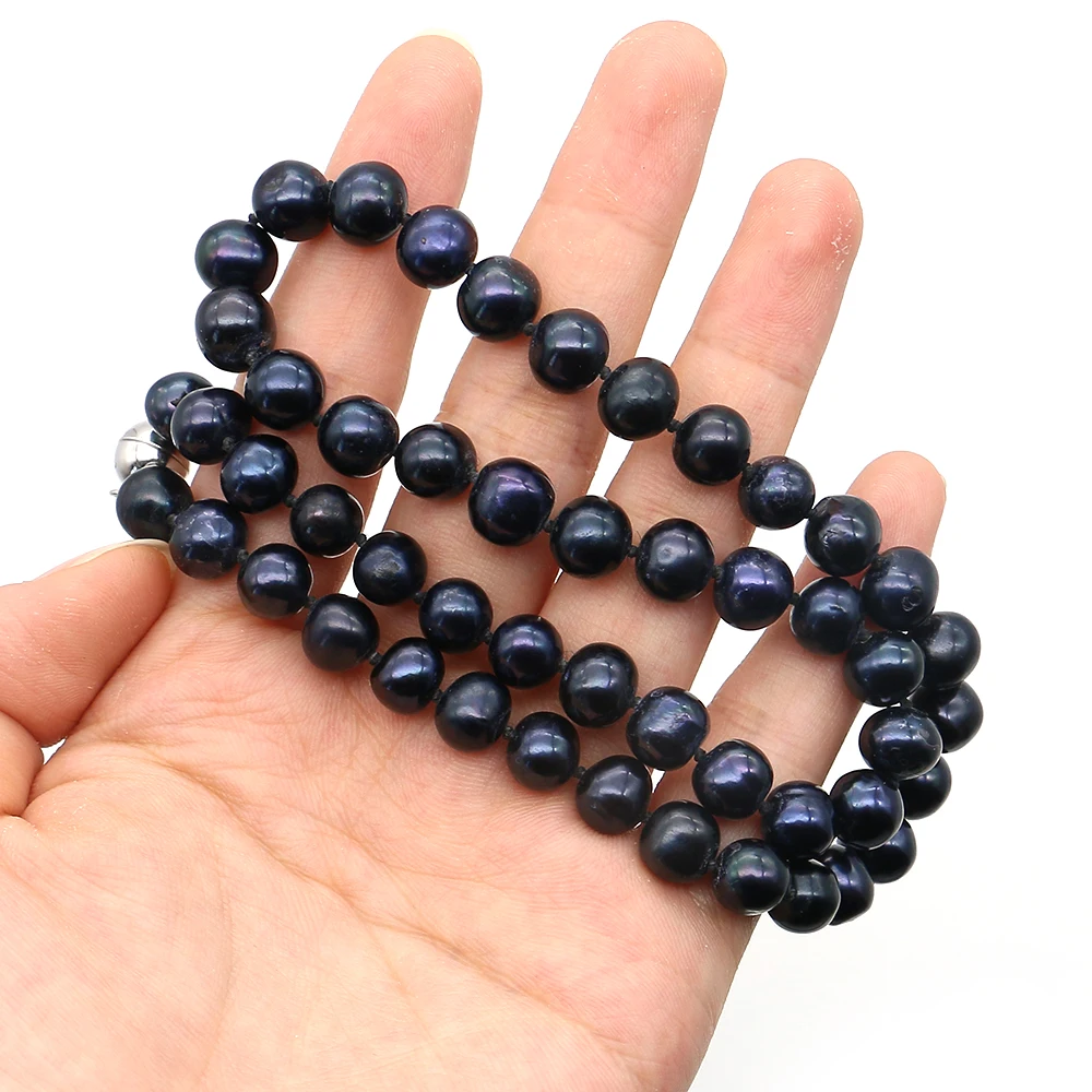 Round Natural Freshwater Pearl Necklace 7-8mm Dyed Black Pearl With Spherical Magnetic Clasp Design Necklace Jewelry 1strand
