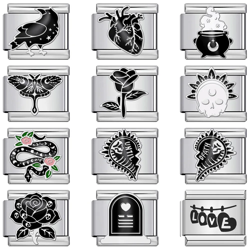 Dunkler Gothic 9mm Edelstahl Italienischer Charm Krähenherz Kessel Rose Totenkopf Schlange DIY Perlen Armband Damen Schmuck Geschenke
