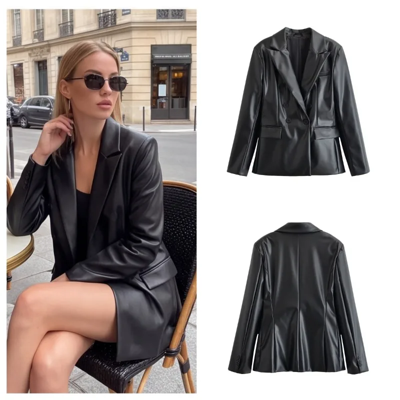 Guobioziy Women's Faux Leather Blazer  Fall Winter Black Long Sleeve Smart Casual Motorcycle Jacket Classic Simple