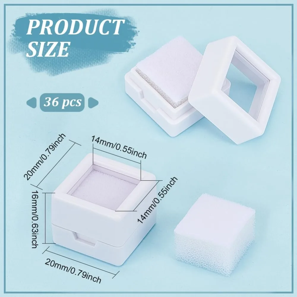 36 Pack Gemstone Display Box White Acrylic Diamond Display Case Jewelry Box Container with Clear Lids, White Sponge 0.8x0.6