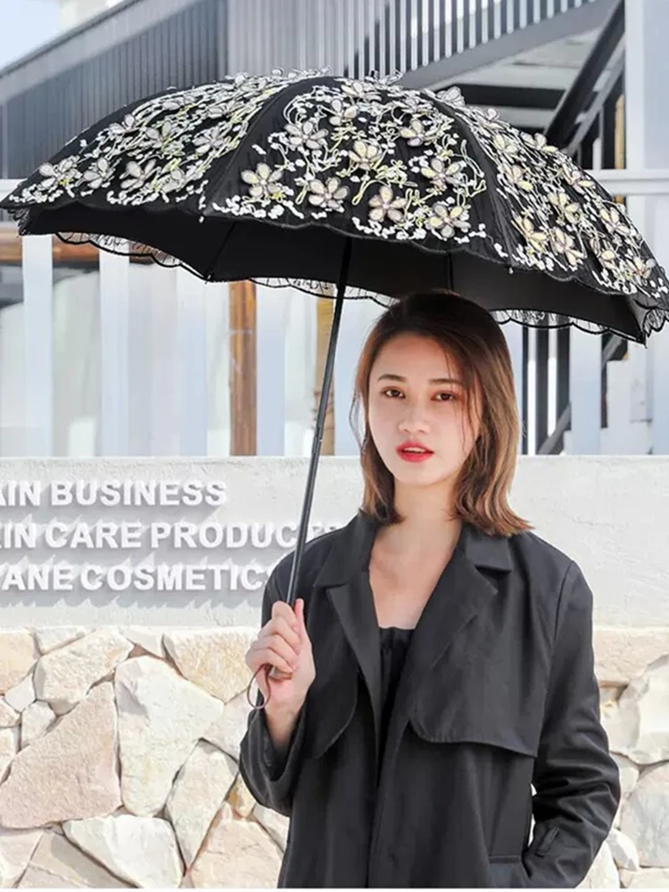 Sun Umbrella, UV Sun Protection, Rain And Rain Dual-use, Portable Folding Umbrella, Lace Princess Embroidery Umbrella,Upf 50+